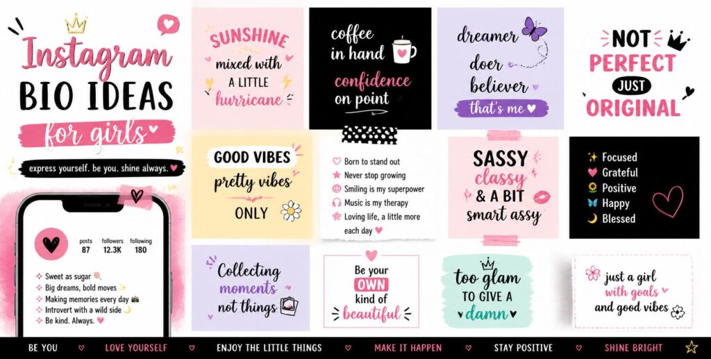 Instagram bio ideas for girls, creative and stylish text layout with various bio examples, trendy aesthetic (2)